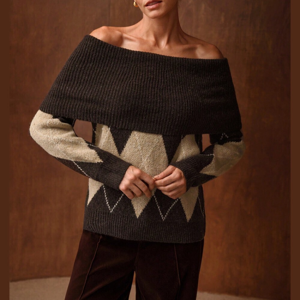Brown Tan Argyle Off Shoulder Foldover Off Shoulder Collar Knit Sweater